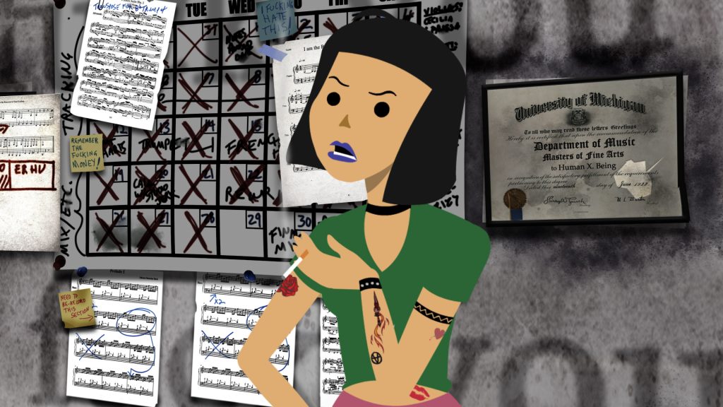 Human with puppets Foo and Satchmo in Walter Santucci’s adult animated feature I’d Rather Be Turned Into Cat Food.