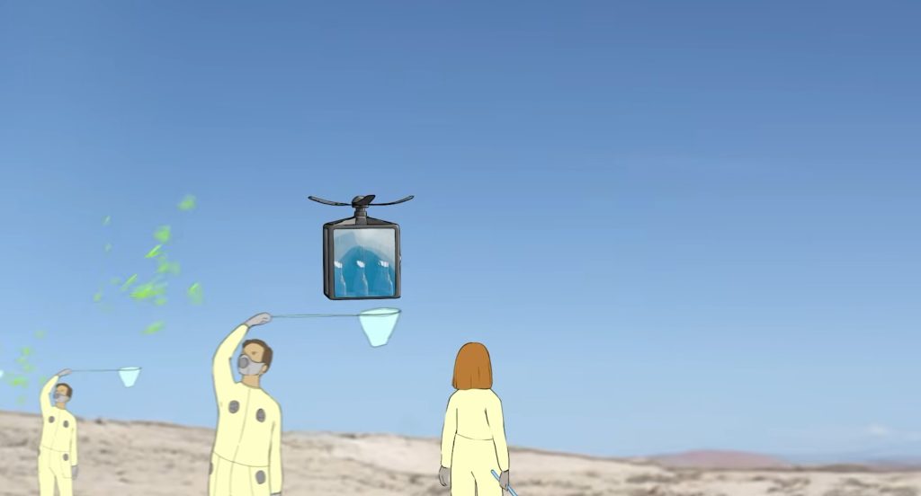 The water-carrying drone travelling through the animated dystopian world of Adrien Lhoste’s Iridescence music video.