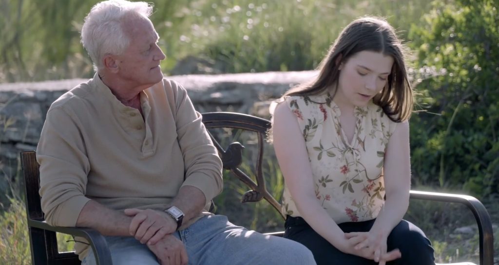 Mike Gassaway as Hank Cassidy and Maddisen Sheedy as Bonnie Gentry in Ralph Cinque's crime thriller The Forever Watchman.