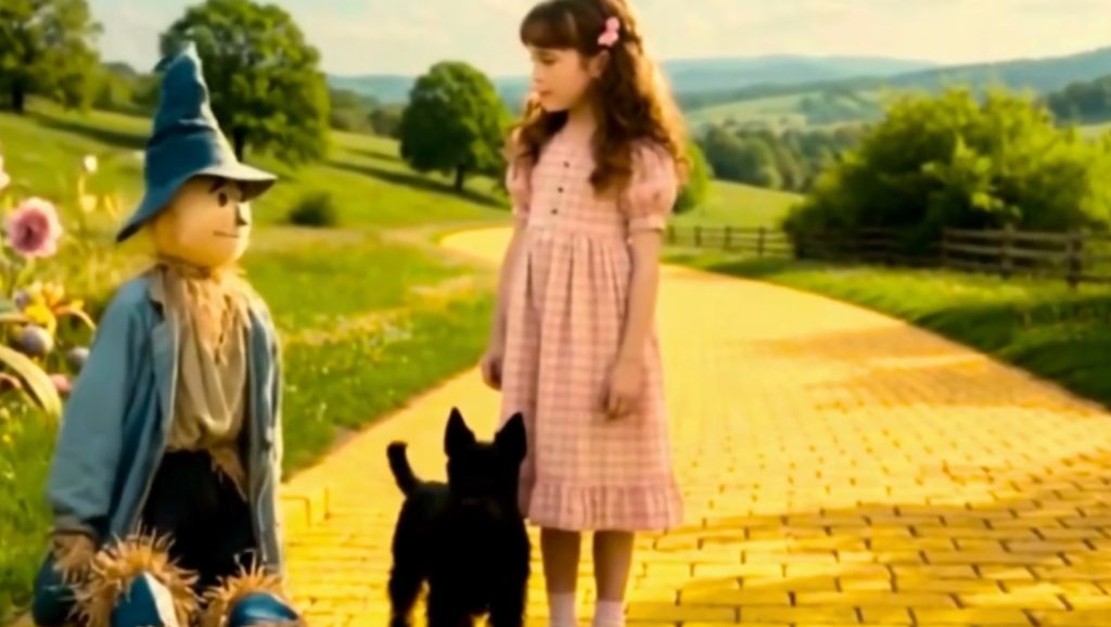 Dorothy journeys through the AI-generated land of Oz in Dustin Lee Loop's experimental short film The Wonderful Wizard of Oz AI Version.