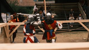Armoured competitors battle during the Buhurt World Championships in the short documentary Steel & Glory