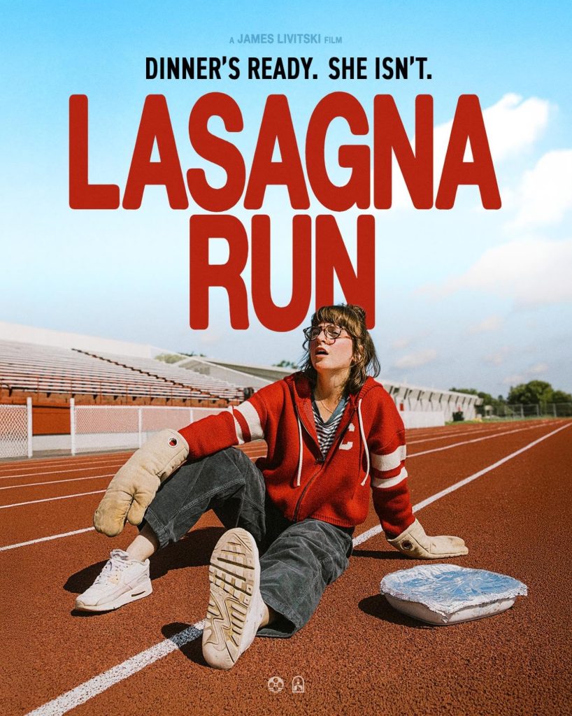 Danielle Pollari as Connie carrying a lasagna on her surreal journey in James Livitski's short film Lasagna Run